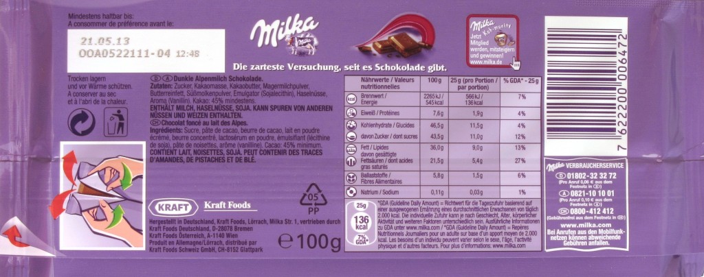 Milka Dunkle Alpenmilchschokolade (45%) - Packungsrückseite