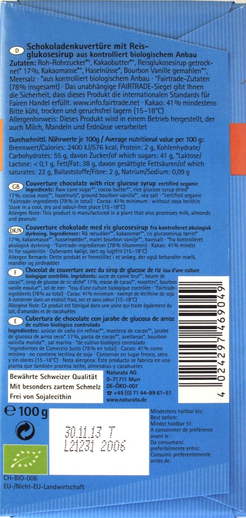 Rückseite, Naturata-Reismilchschokolade 'Spécial Pur'