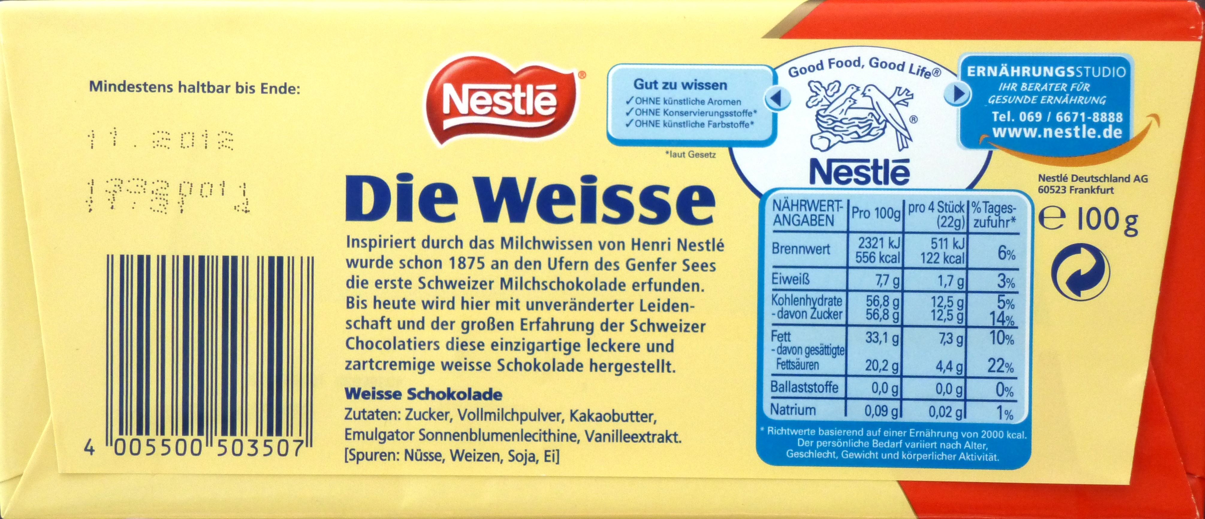 Nestlés weiße Schweizer Schokolade (Rückseite)