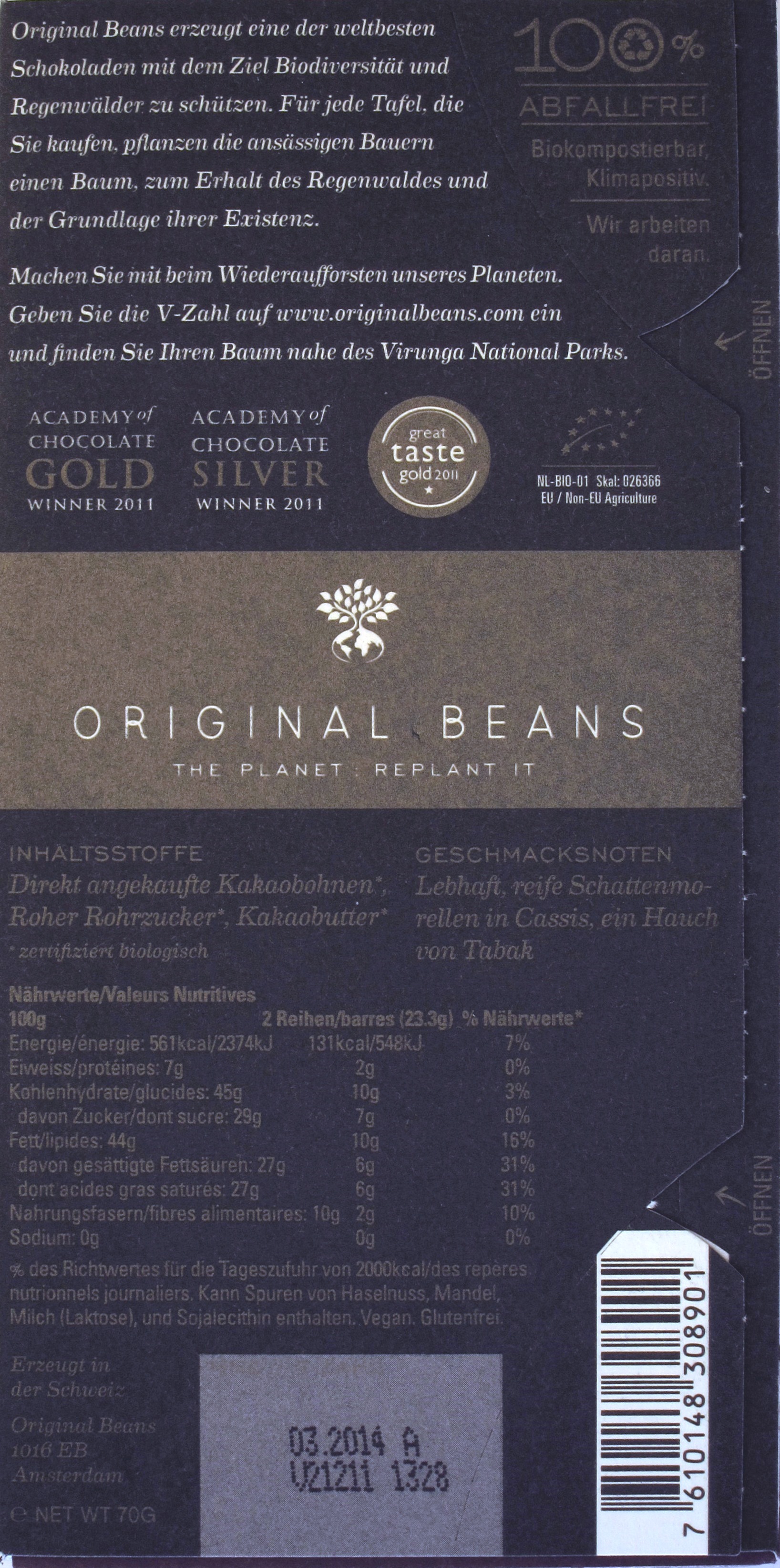 Original Beans, Cru Virunga, Bitterschokolade 70%, Rückseite