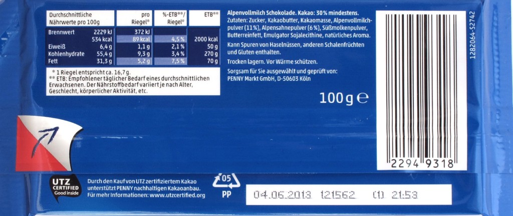 Penny Milchschokolade 30%, Rückseite