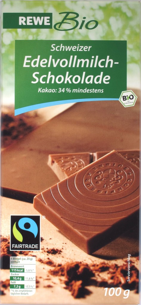 Tafelvorderseite REWE Schweizer Vollmilchschokolade Bio- und Fairtrade