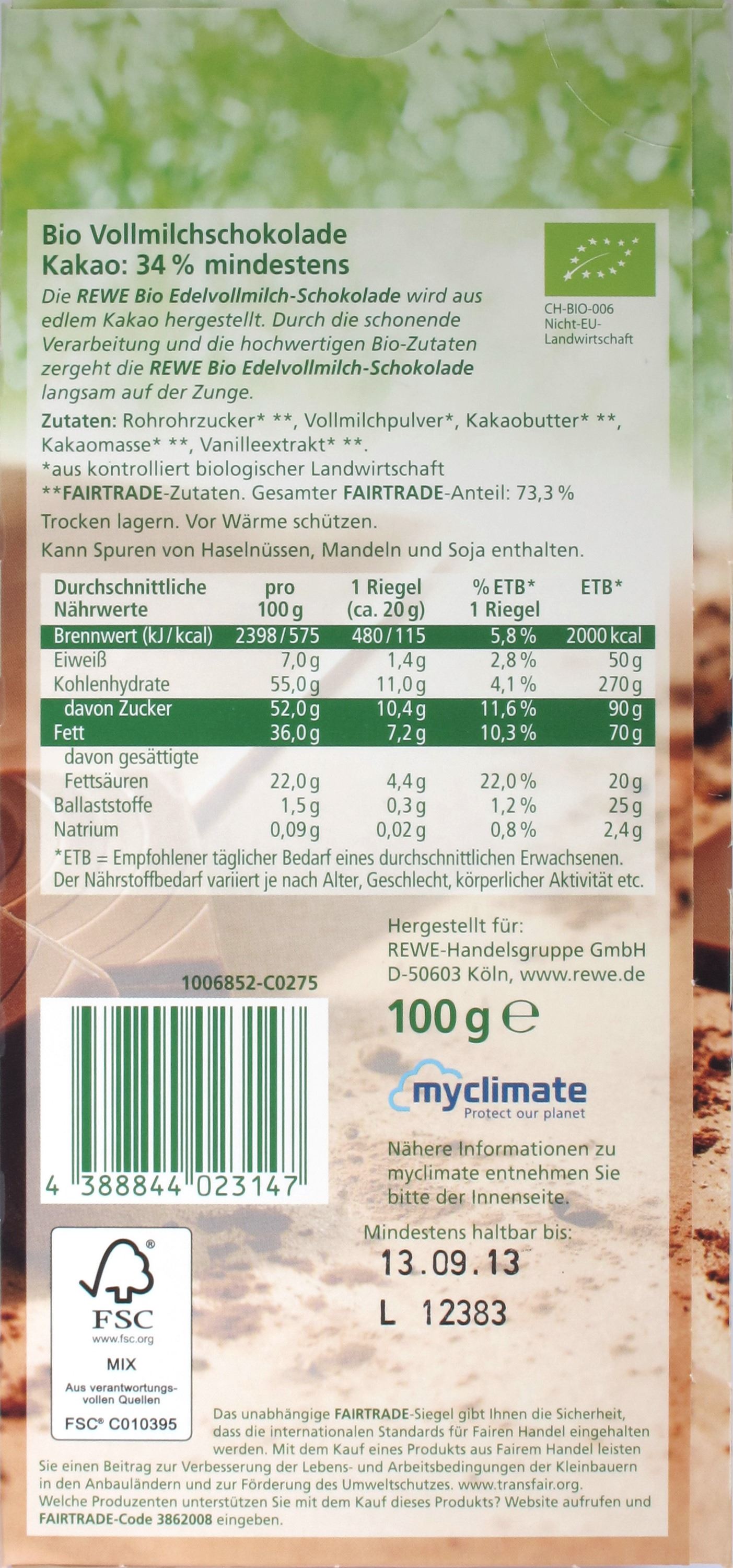 Tafelrückseite REWE Schweizer Vollmilchschokolade Bio- und Fairtrade