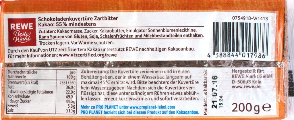 REWE Zartbitter-Backkuvertüre, Rückseite