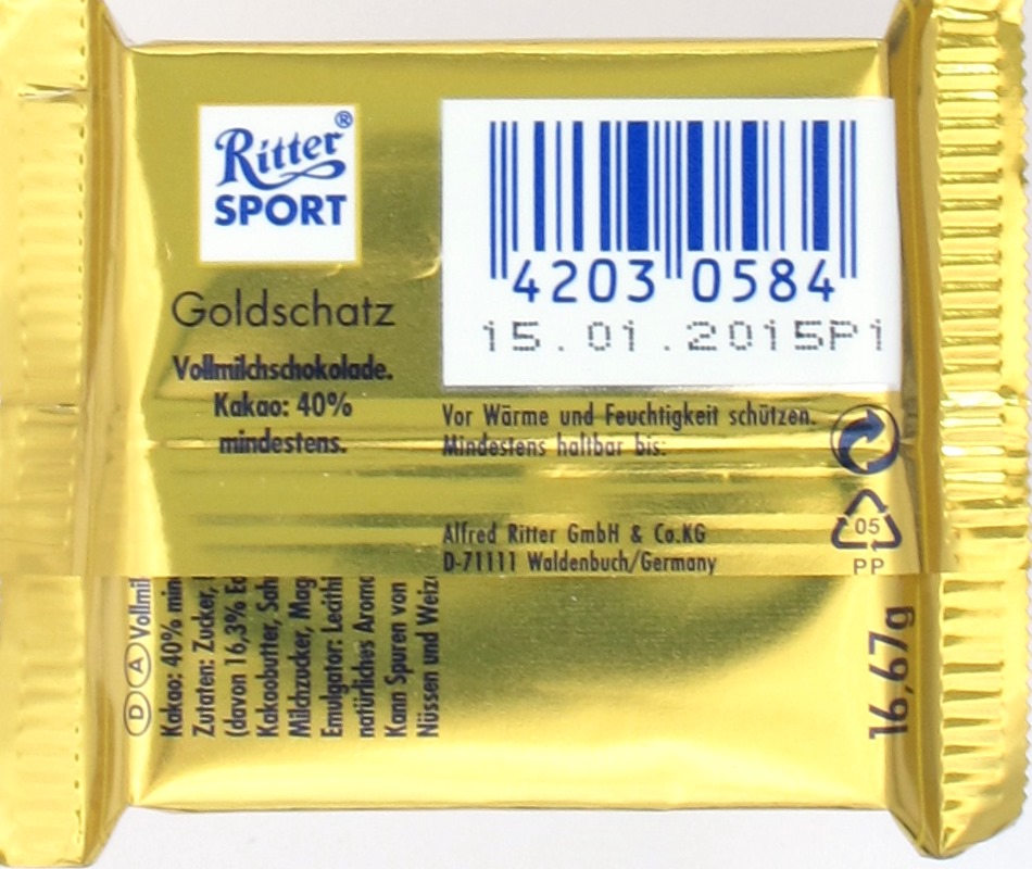 Ritter Sport Milchschokolade Goldschatz 40%, Rückansicht