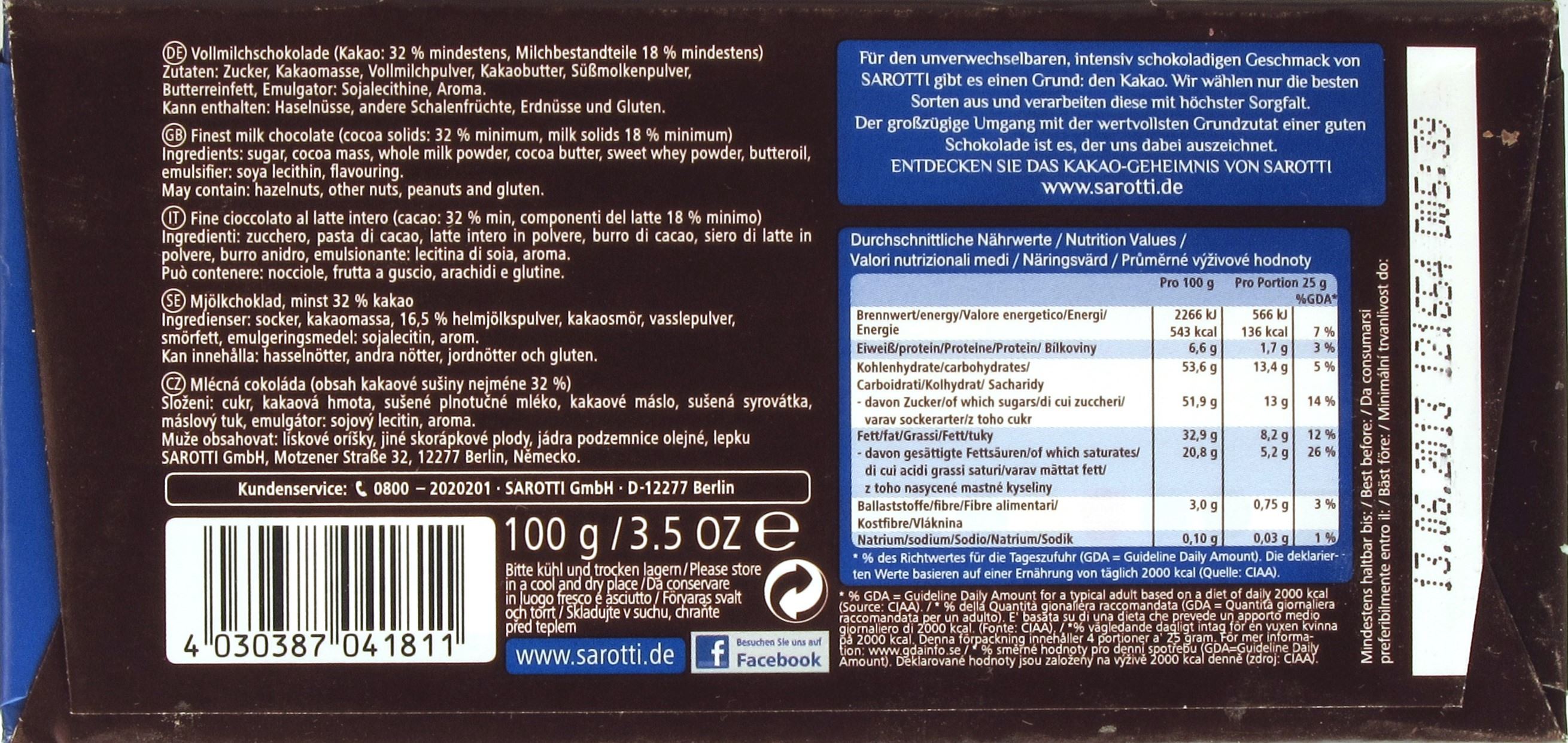 Verpackungsrückseite Sarotti Edelvollmilchschokolade 32%