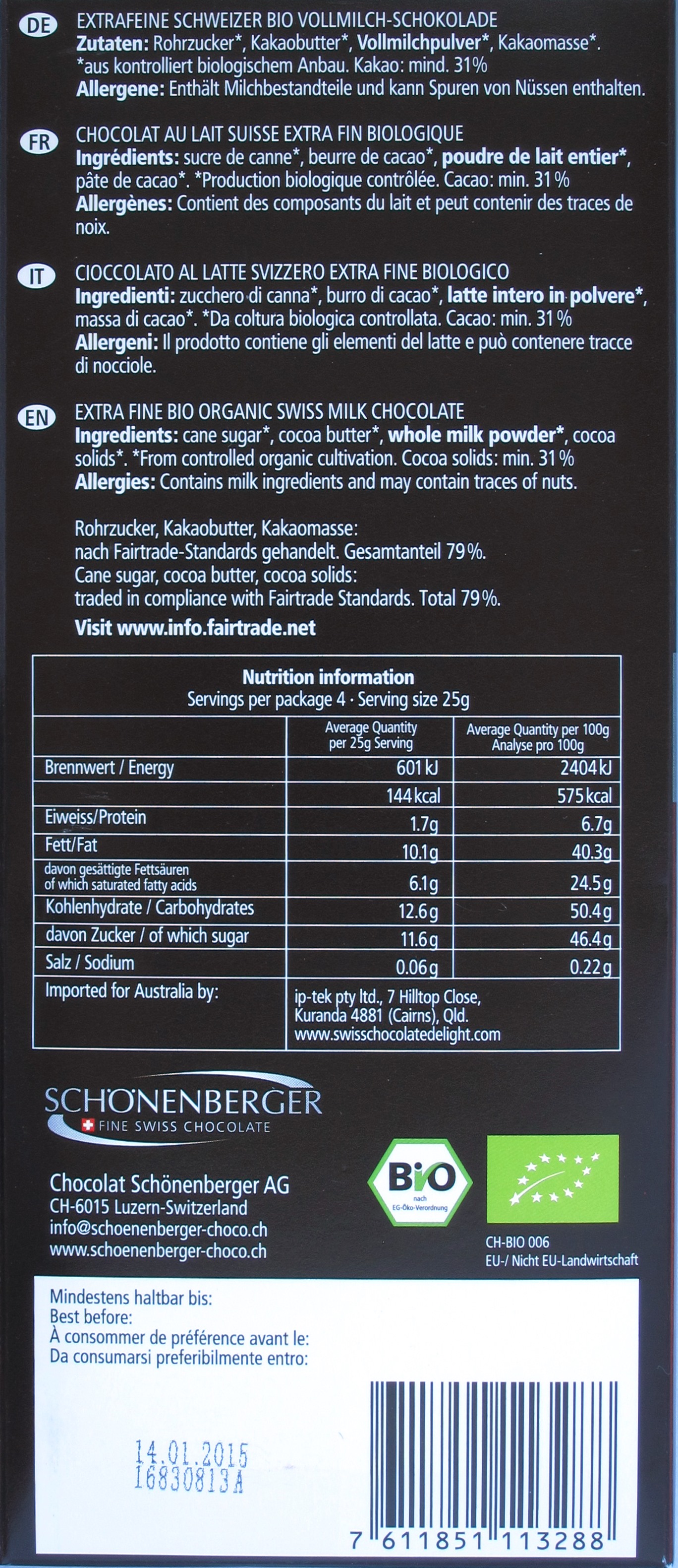 Rückseite, Schönenberger 31% Cacao