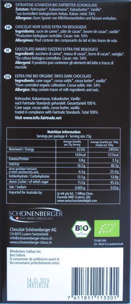 54%-Bitterschokolade von Schönenberger, Rückseite