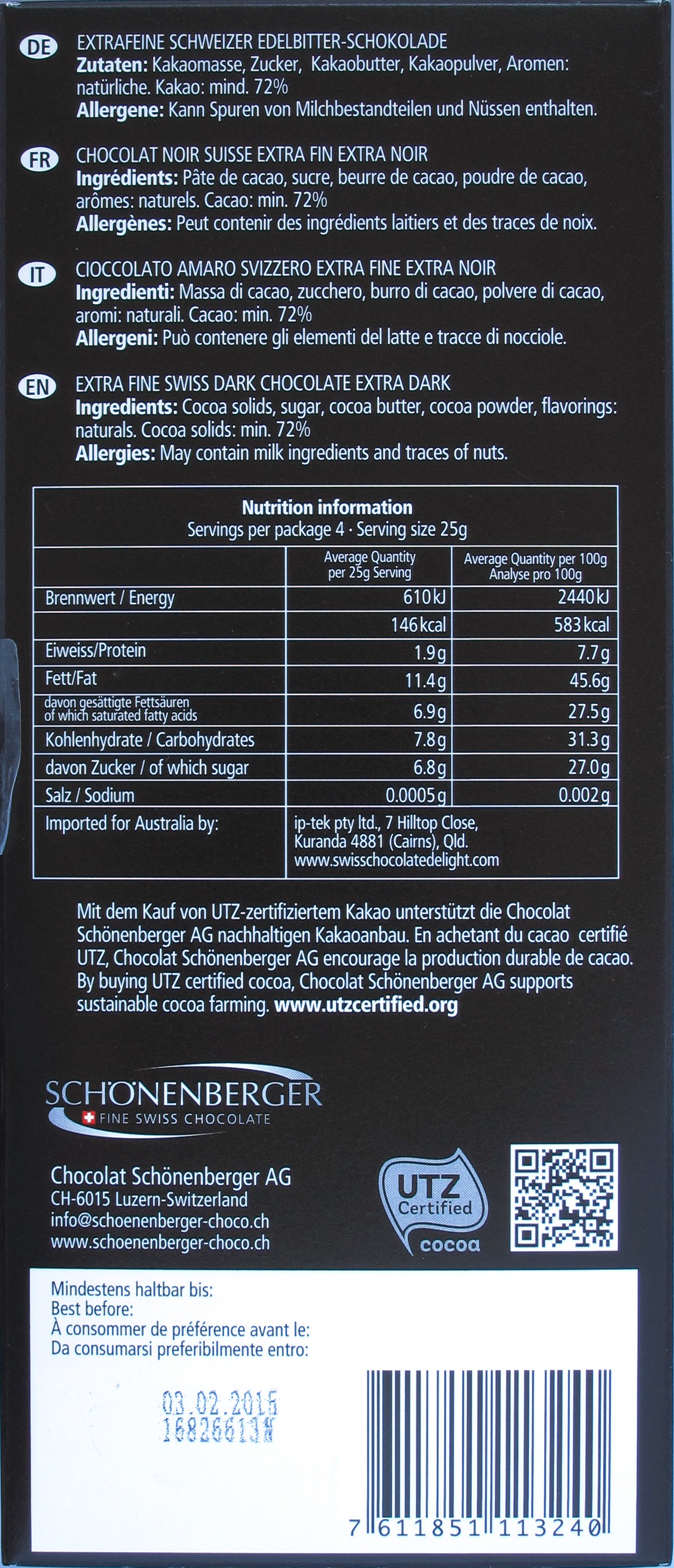 Rückseite: Schönenberger Bitterschokolade 72%