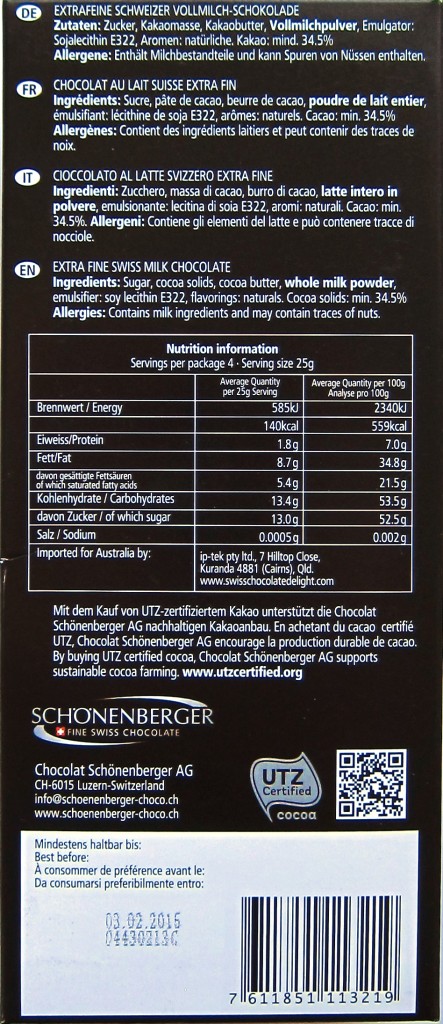 Schönenberger Grand Cru 34% Milch, Rückseite