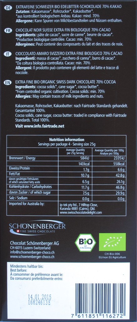 Schönenberger Schweizer 70%-Bitterschokolade, Rückseite