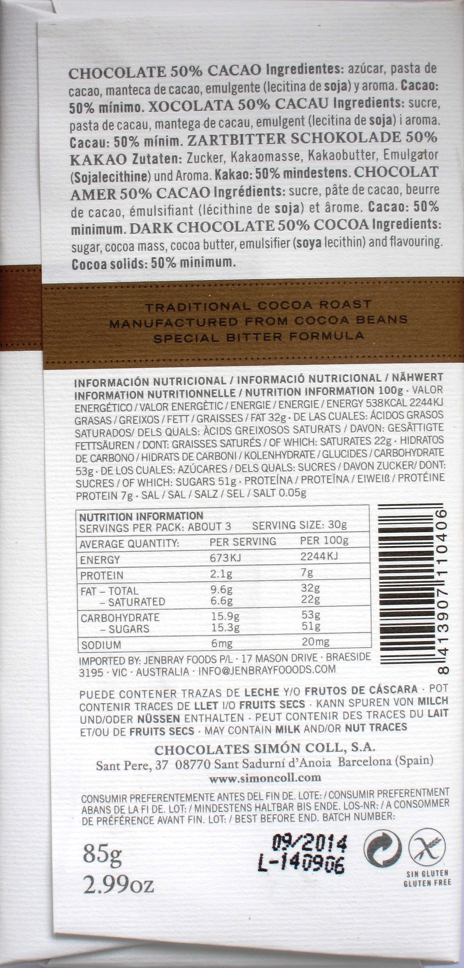 Inhaltsangaben Simón Coll 50%-Schokolade 85g