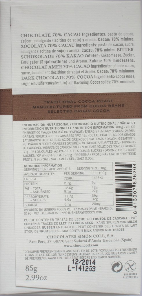 Rückseite von Simón Colls 70%iger Dunkler Schokolade