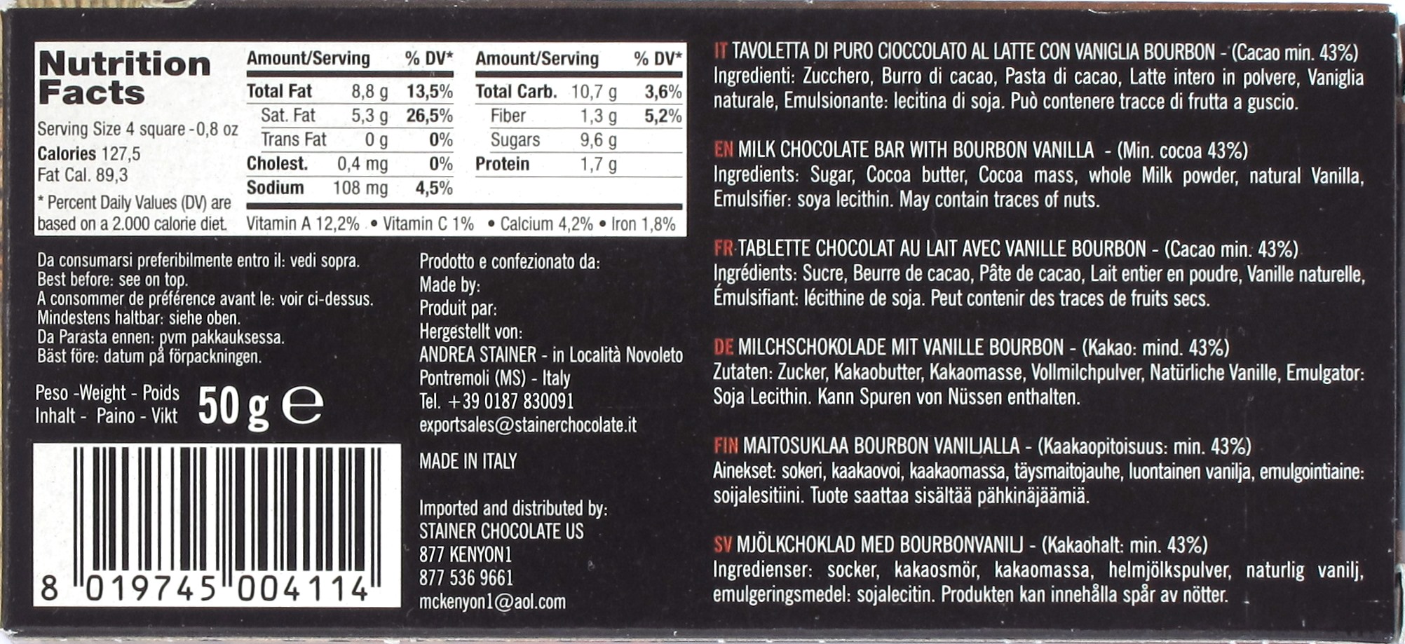 Andrea Stainer Milchschokolade 'al Latte Vaniglia' - Rückseite