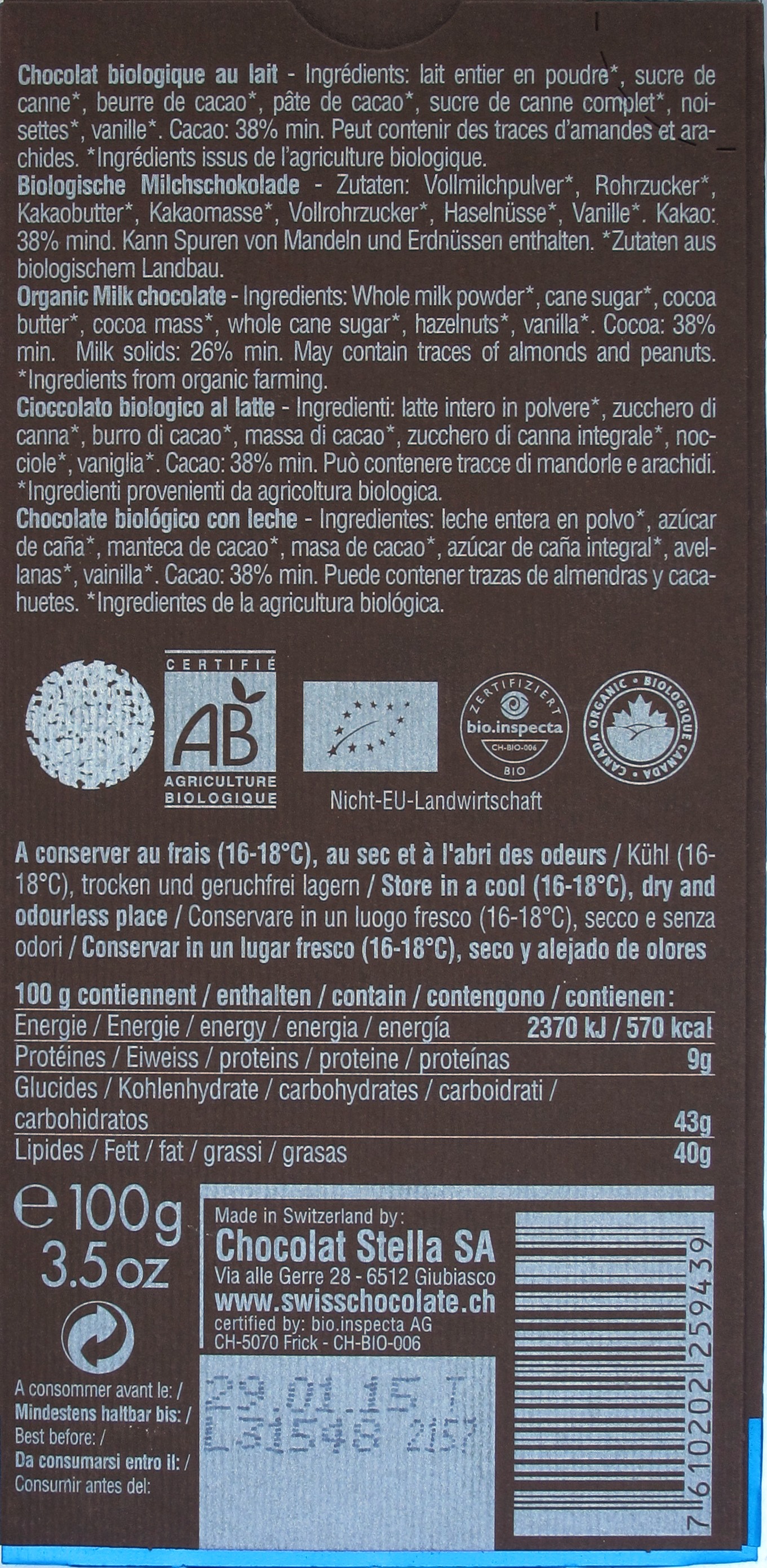Stella/Bernrain 38% Milchschokolade, Inhalt