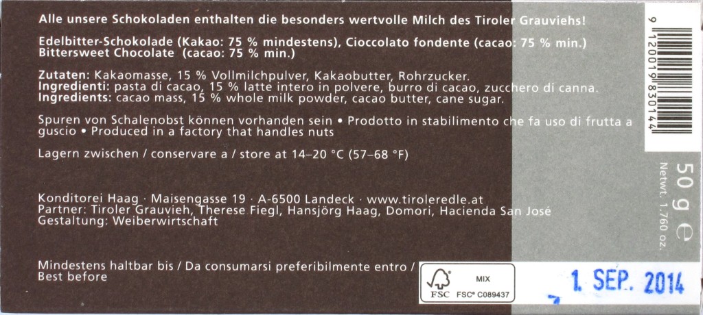 Tiroler Edle Grauvieh-Rio-Caribe-75%-Bittermilchschokolade, Rückseite
