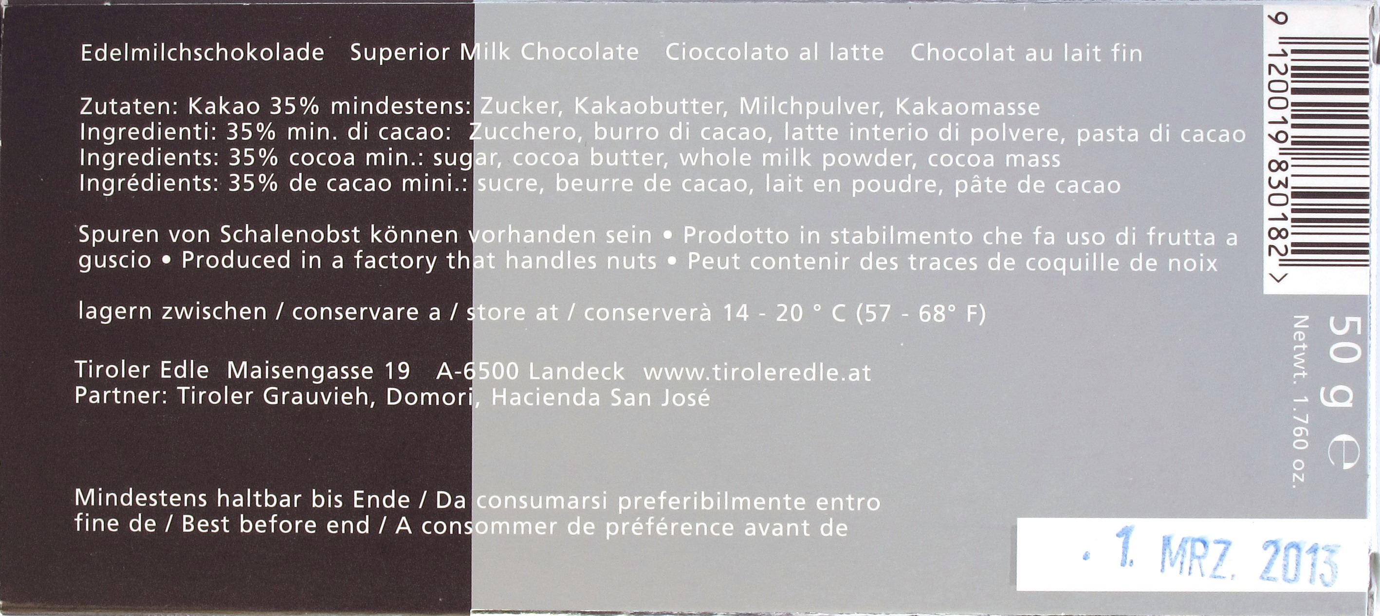 Grauvieh-Domori-Milchschokolade "Purissima": Packungsrückseite