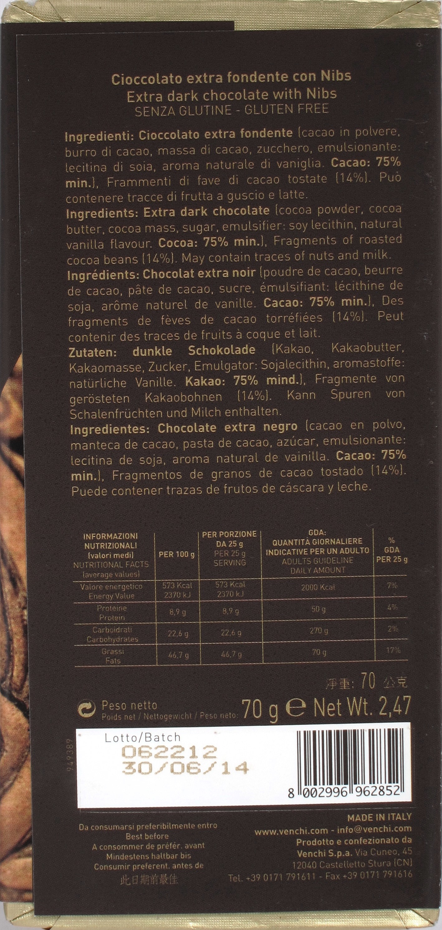 Venchi Bitterschokolade 75% mit Kakaosplittern, Rückseite