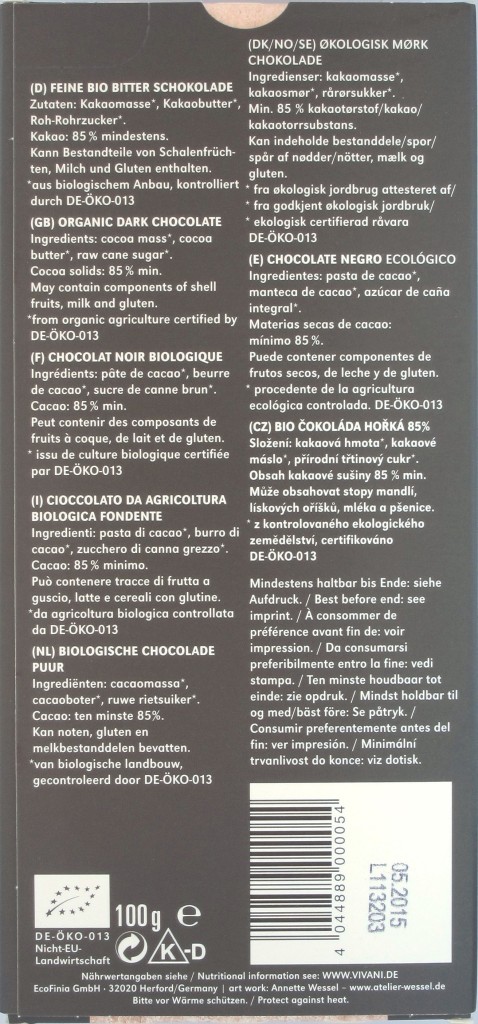 Vivani Feine Bitter 85% Cacao, Rückseite