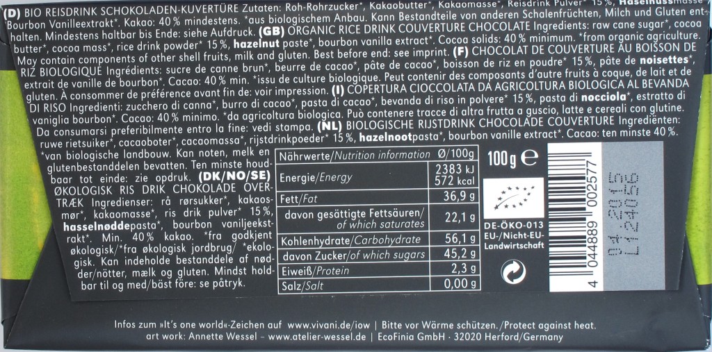 Rückseite: Vivani Reismilchschokolade