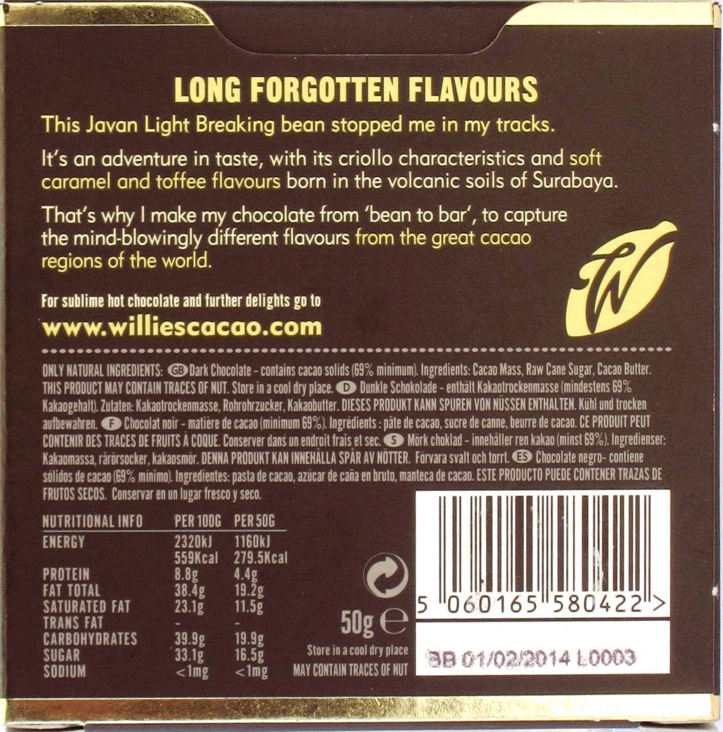 Willie's Cacao Java-Schokolade Indonesian Gold 69%, Rückseite