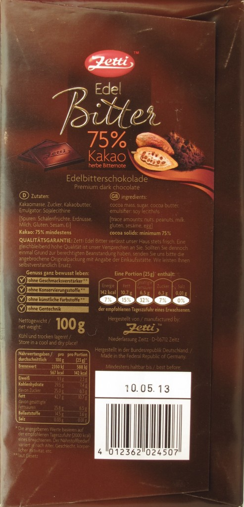 Tafel Zetti Bitterschokolade, 75% - Inhaltsangaben