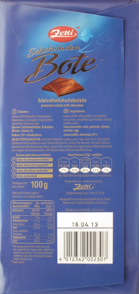 Zetti Vollmilchschokolade - Packungsrückseite