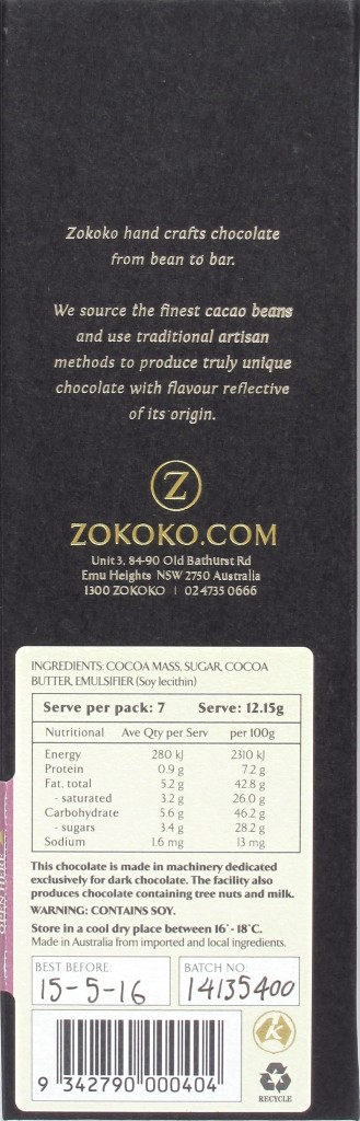 Zokoko Bolivien-Bitterschokolade, Rückseite