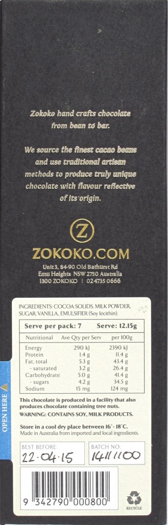 Rückseite und Inhaltsangaben der Zokoko-Milchschokolade "Goddess Milk"