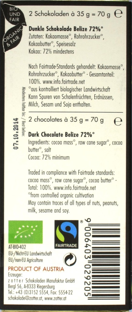 Zotter-Bitterschokolade Labooko Belize Spezial 72%, Rückseite