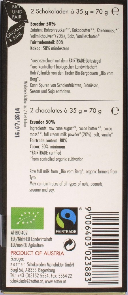 Zotter Labooko Ecuador 50% Milchschokolade, Rückseite