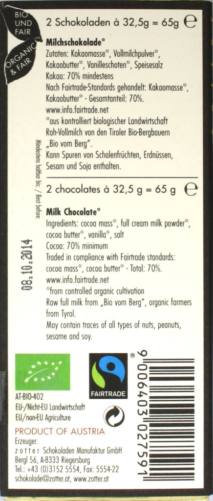 Zotter Dark Style 70% zuckerfreie Milchschokolade, Rückseite
