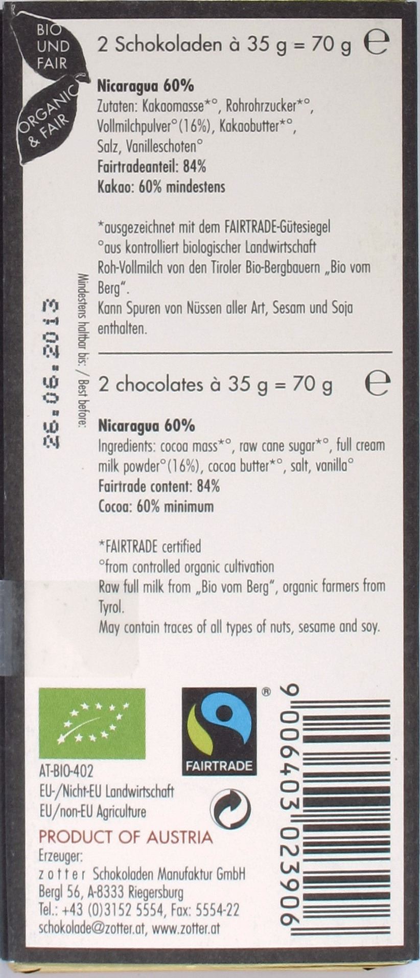 Zotter, Labooko, 60%-Milchschokolade, Rückseite