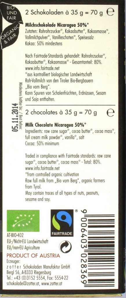 Zotter Labooko-Schokolade 'Nicaragua' 50%, Rückseite
