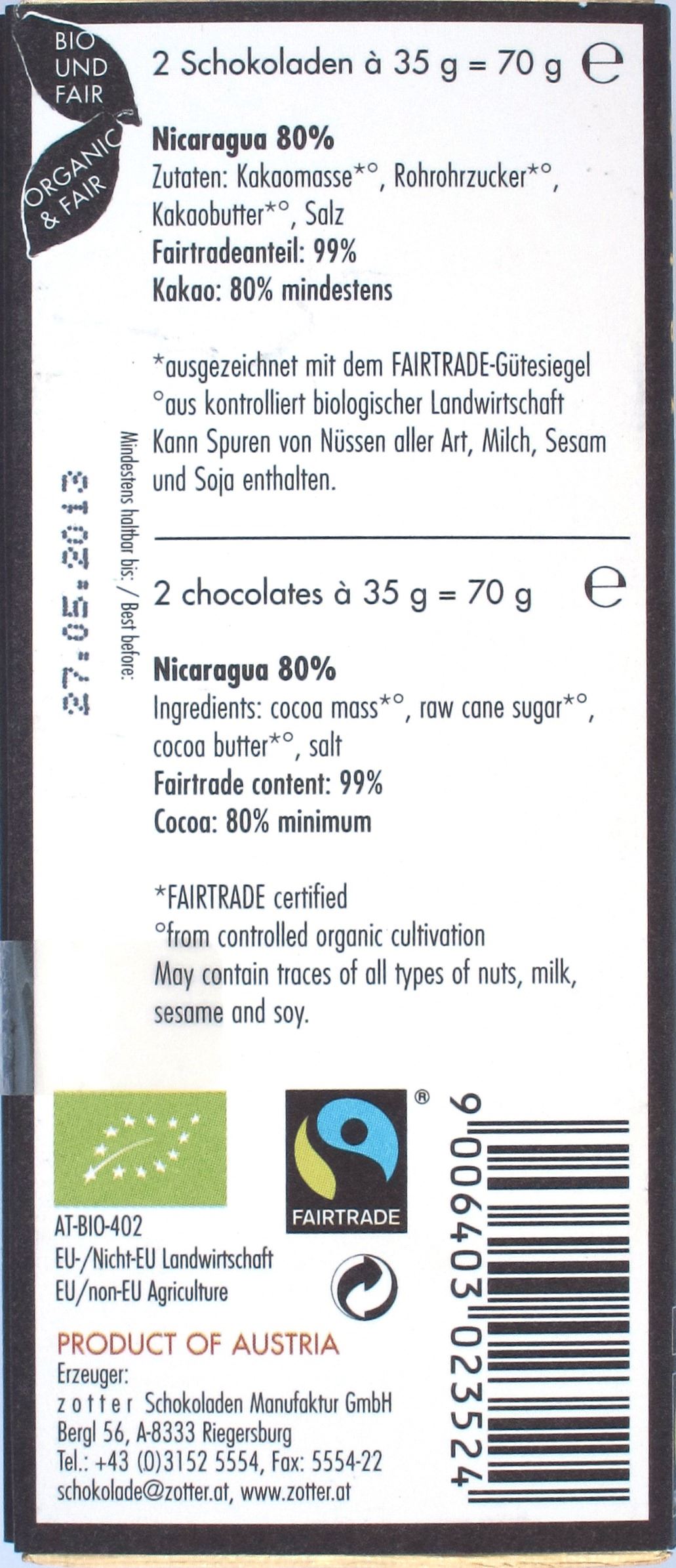 Zotter-Bitterschokolade Labooko 80% Nicaragua, Rückseite