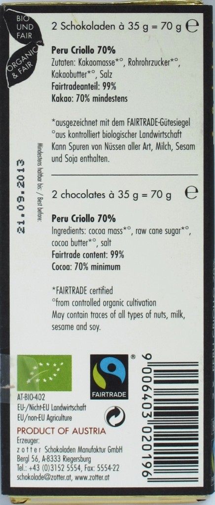 Rückseite Zotter/Labooko-Schokolade Peru Criollo 70%, 16 u. 20h conchiert